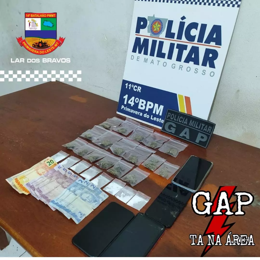 “Operação da Policia Militar desarticula ponto de tráfico em Primavera do Leste, MT”; três foram presos